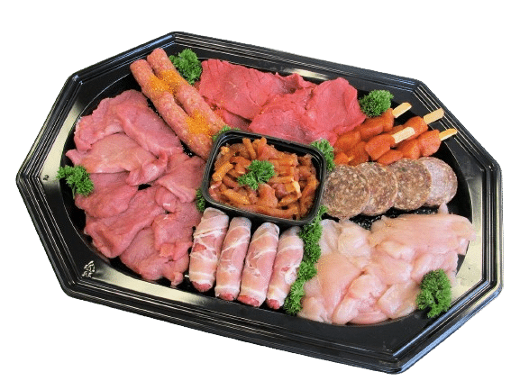 Ein schwarzes Tablett mit verschiedenen Fleisch- und Gemüsesorten darauf.